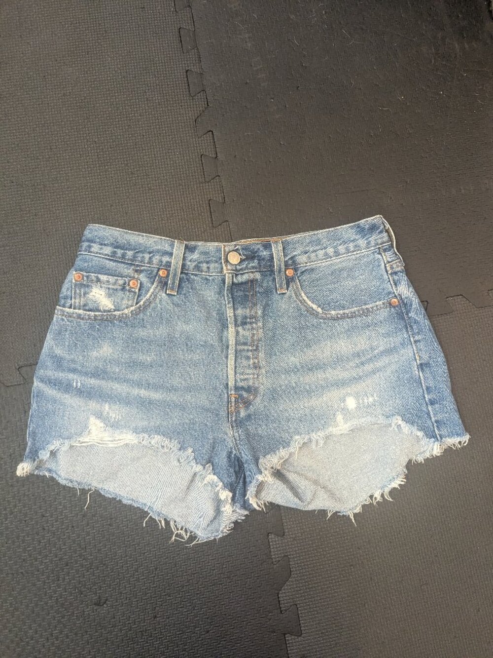LEVI'S 501 capital E denim jean shorts button fly high rise distressed 29 frayed